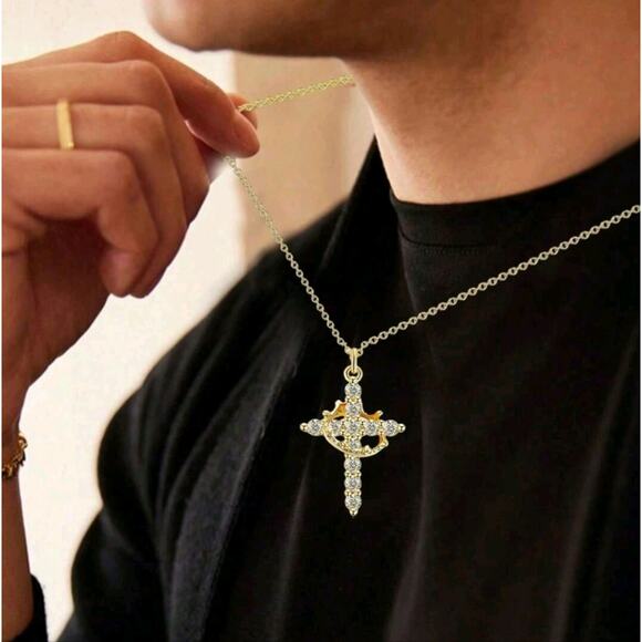 18k Gold Plated Cross & Crown Necklace Men's Women's Christmas Birthday Gift NEW